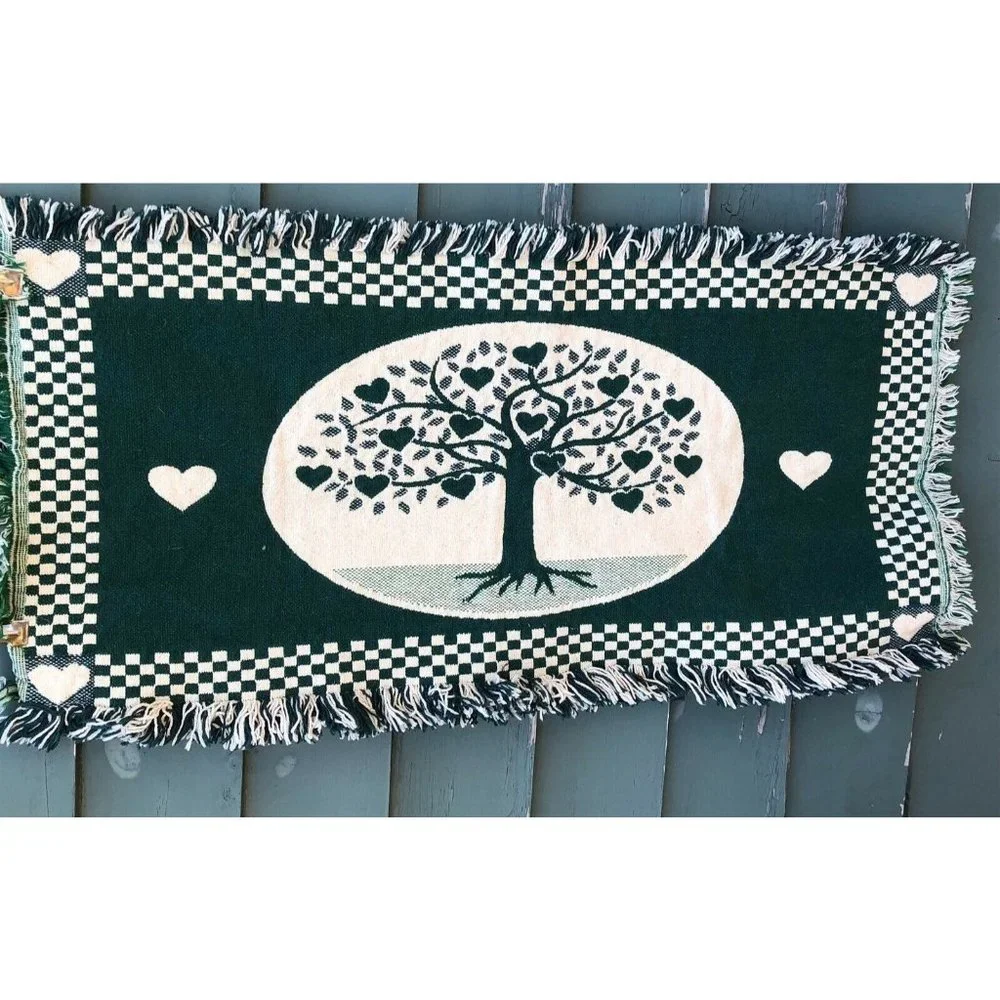 Woven table runner doily heart tree checkerboard country pattern fringe green